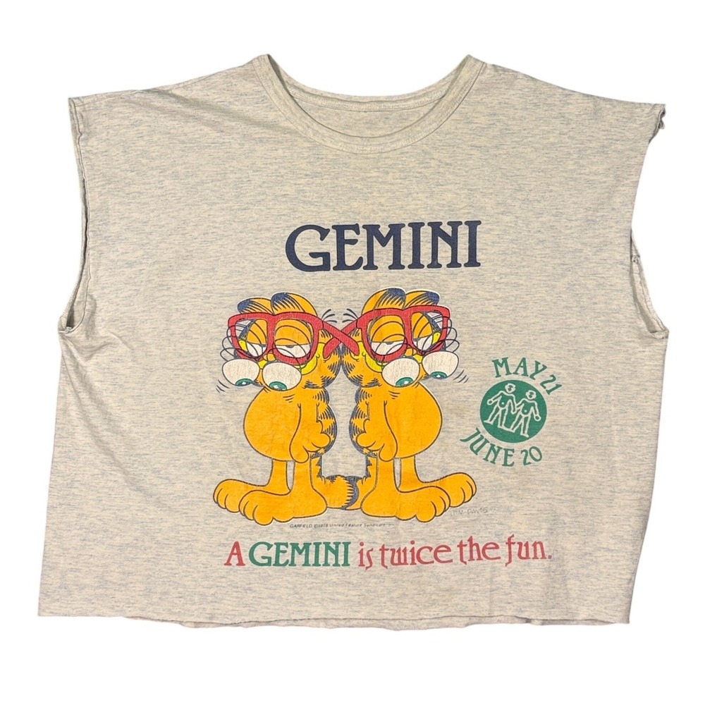 Garfield Gemini Muscle Tee XL Gray 1978 Vintage Graphic Crop Top Cotton Retro